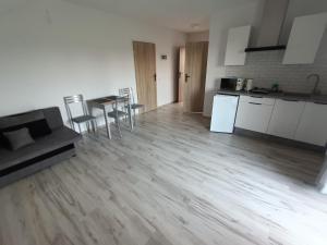 an empty living room and kitchen with a wooden floor at Apartamenty Kwiat Jabłoni in Mikołajki