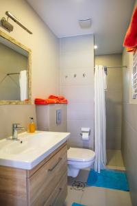 bagno con lavandino, servizi igienici e specchio di Villa Nida a Nida