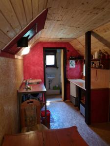 a kitchen with red walls and a sink in a room at Villa Eden Peene Tiny House in Gützkow