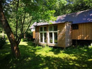 una pequeña cabaña de madera en un patio con un árbol en Villa Eden Peene Tiny House en Gützkow