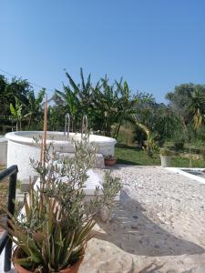 uma banheira sentada ao lado de um vaso de plantas em Tower traditional pool villa em Kremasti