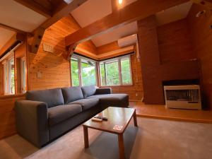 a living room with a couch and a fireplace at Annupuri Retro Lodge in Niseko