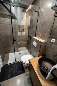 un bagno con doccia, lavandino e WC di Soba za noćenje Tončica a Požega