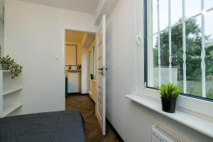 a hallway with a window and a plant on a window sill at U Księcia Józefa in Pruszków