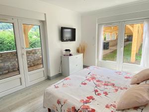 a bedroom with a bed with a tv and windows at Domaine Les Buis in Saint-Fortunat-sur-Eyrieux
