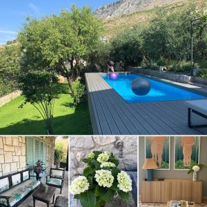 a collage of pictures of a backyard with a swimming pool at Great 4-bedroom villa w heated eco pool in Duće