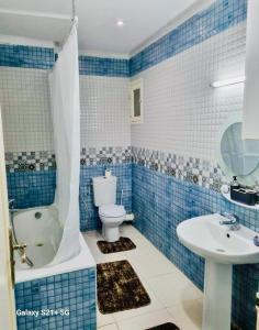 uma casa de banho em azulejos azuis com um WC e um lavatório em Superbe logement Majida boulila em Sfax