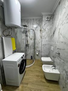 a bathroom with a shower and a sink and a toilet at GOLEM Best Apartment in Golem +23 photos