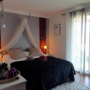 a bedroom with a black bed with a canopy at Les Chambres de Kerzerho in Erdeven