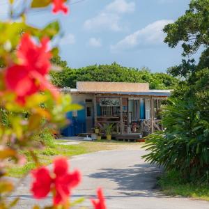 una casa azul con flores rojas delante en the Sanctuary Kohama Retreat, en Kohama