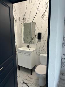 a bathroom with a toilet and a sink and a mirror at Hôtel de La gare-Les Floralies in Poitiers