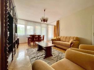 ein Wohnzimmer mit einem Sofa und einem Tisch in der Unterkunft Pipacs Apartman in Szeged