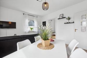 d'une salle à manger avec une table blanche et une plante. dans l'établissement Worker Apartment Kleve, à Clèves