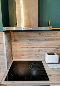uma cozinha com uma placa de fogão num balcão em Le Coqu'Aix - Hyper-Centre - Parking - Wifi - Netflix em Aix-les-Bains