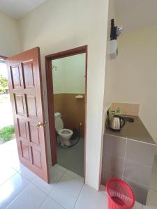 a bathroom with a toilet and a door with a mirror at Roomstay Ehsan in Pekan