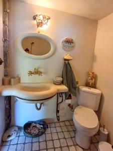 a bathroom with a sink and a toilet and a mirror at The Mushroom Cottage in Anilio Pelion