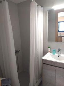 a bathroom with a shower curtain and a sink at Thea Apartments in Emporeios