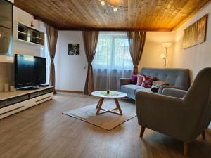 ein Wohnzimmer mit einem Sofa und einem TV in der Unterkunft Alpenbauernhaus Konzett in Schruns-Tschagguns