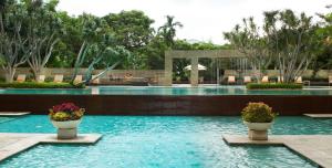 a swimming pool with two potted plants in it at Somerset Berlian Jakarta in Jakarta