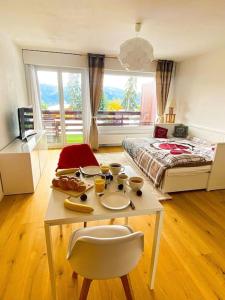 Televiisor ja/või meelelahutuskeskus majutusasutuses Studio cosy au calme avec terrasse vue sur Alpes