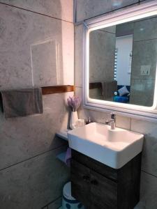 a bathroom with a sink and a mirror at Blue Heart Home by the Ganges - Cosy 1Bhk-Veerbhadra in Rishīkesh +11 photos