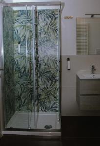 una ducha con una puerta de cristal junto a un lavabo en JOHN'S ROOMS, en Villa D'agri