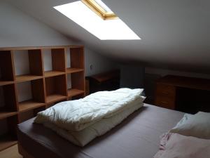a attic bedroom with a bed with a skylight at chez madame cigogne in Douzy
