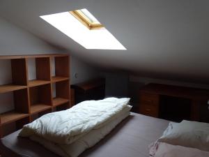 a attic bedroom with a bed and a skylight at chez madame cigogne in Douzy