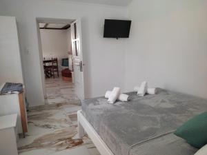 1 dormitorio con 1 cama y TV en la pared en Pefkari Bay House, en Pefkari