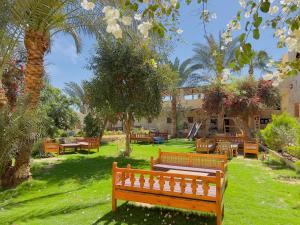 a park with benches and tables and palm trees at Zad El Mosafer Guest House in Tunis