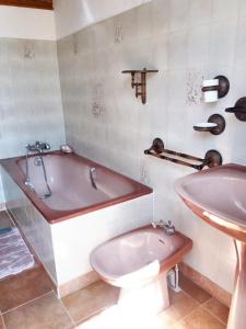 ein Badezimmer mit einer Badewanne, einem WC und einem Waschbecken in der Unterkunft Villa de 2 chambres avec piscine privee jardin clos et wifi a Larroque Saint Sernin in Larroque-Saint-Sernin