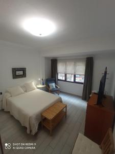 ein Schlafzimmer mit einem großen weißen Bett und einem Sofa in der Unterkunft Las Canteras, your beach home in Las Palmas de Gran Canaria