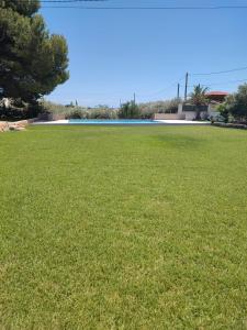 ein großes Grasfeld mit einem Pool im Hintergrund in der Unterkunft Nina´s Paradise in L'Ampolla