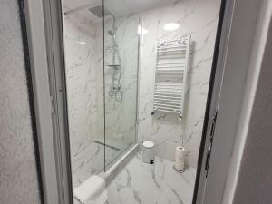 y baño con ducha con mampara de cristal. en Vila ZENARA, en Pucioasa