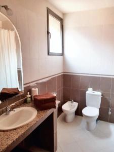 ein Badezimmer mit einem Waschbecken, einem WC und einem Spiegel in der Unterkunft 3 bedrooms villa with private pool enclosed garden and wifi at Marrakech in Aït Ali