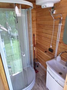 a bathroom with a shower and a toilet and a sink at Kameralne pole namiotowe, ZABIERZ SWÓJ NAMIOT, blisko Świeradów i zamek Czocha in Giebułtów