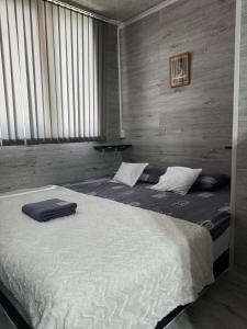 ein großes Bett in einem Zimmer mit einem großen Fenster in der Unterkunft Чем дольше тем дешевлe in Chişinău