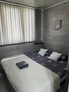 ein Schlafzimmer mit einem großen Bett mit einer blauen Decke in der Unterkunft Чем дольше тем дешевлe in Chişinău