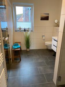 a bathroom with a toilet and a sink and a window at Dahmer Strand 9 in Dahme