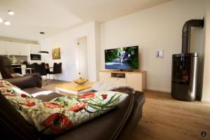 uma sala de estar com um sofá e uma televisão de ecrã plano em Refugium 6 em Kellenhusen