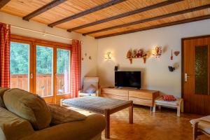 a living room with a couch and a tv at Chalet Les Airelles in Mittlach