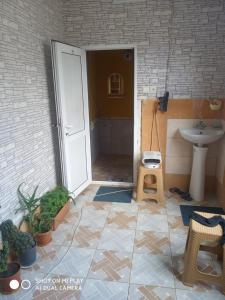 baño con ducha, lavabo y puerta en Laza guest house, en Laza