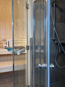 um chuveiro com uma porta de vidro na casa de banho em Am Kutterhafen 24 em Fedderwardersiel
