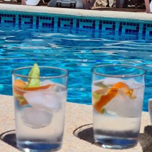 two glasses of water with fruit in front of a swimming pool at Finca Casa Emilia in Cómpeta