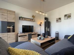 un soggiorno con divano blu e TV di Diemelblick 18 a Heringhausen
