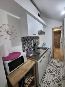 uma pequena cozinha com pia e micro-ondas em apartamento en el 10 em Paris mais 10 fotografias