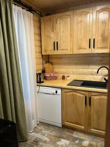 Oni的住宿－Rest House，厨房配有木制橱柜和白色洗碗机。
