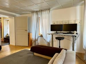 a living room with a couch and a tv at Michels Haus in Piotta