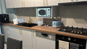 a kitchen with a counter top with a microwave at Live Tulcea Hotel in Tulcea