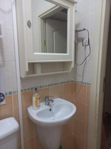 een badkamer met een wastafel en een spiegel bij Plaja 100m, bahçe katı, 1+1 daire. in Ayvalık